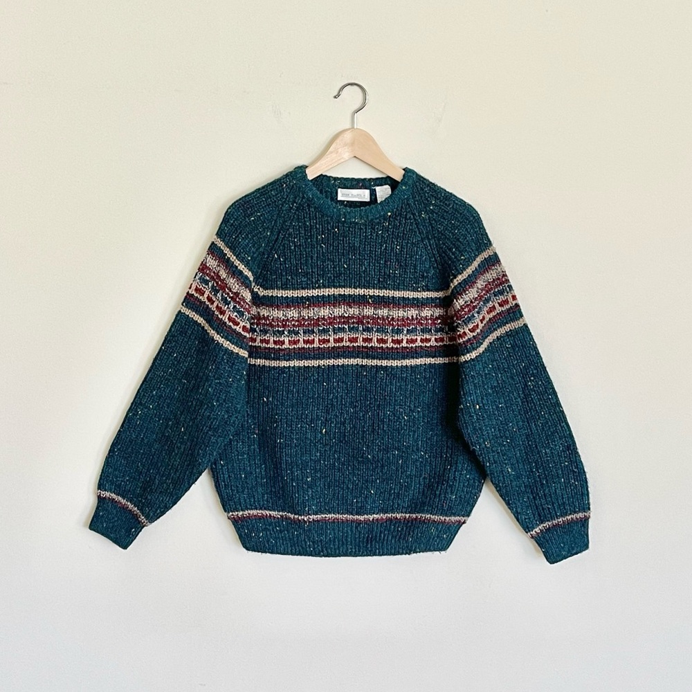 Vintage 80s 90s Brian MacNeil Knitwear Chunky Teal Stripe Sweater Men’s Medium